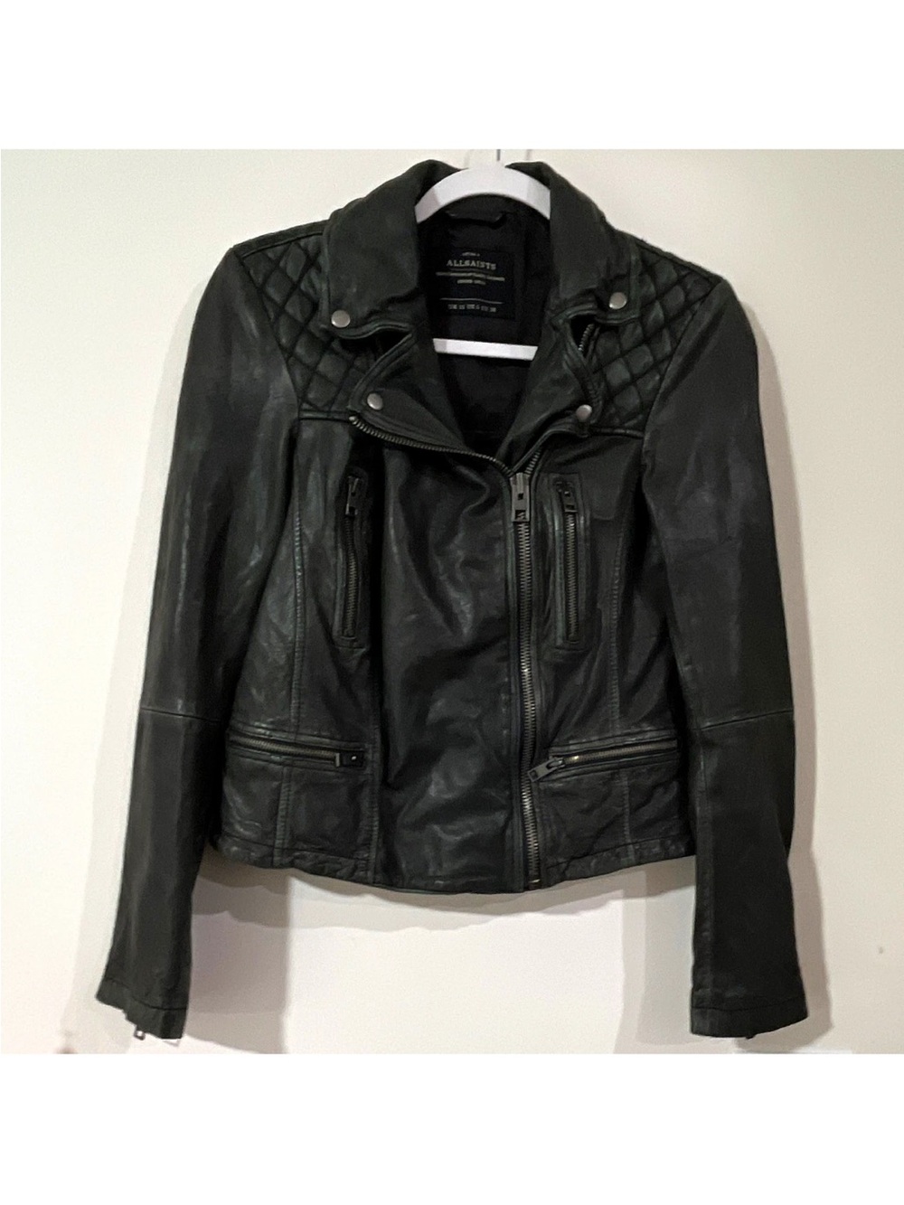 All Saints Black Quilted-Shoulder Leather Moto Jacket